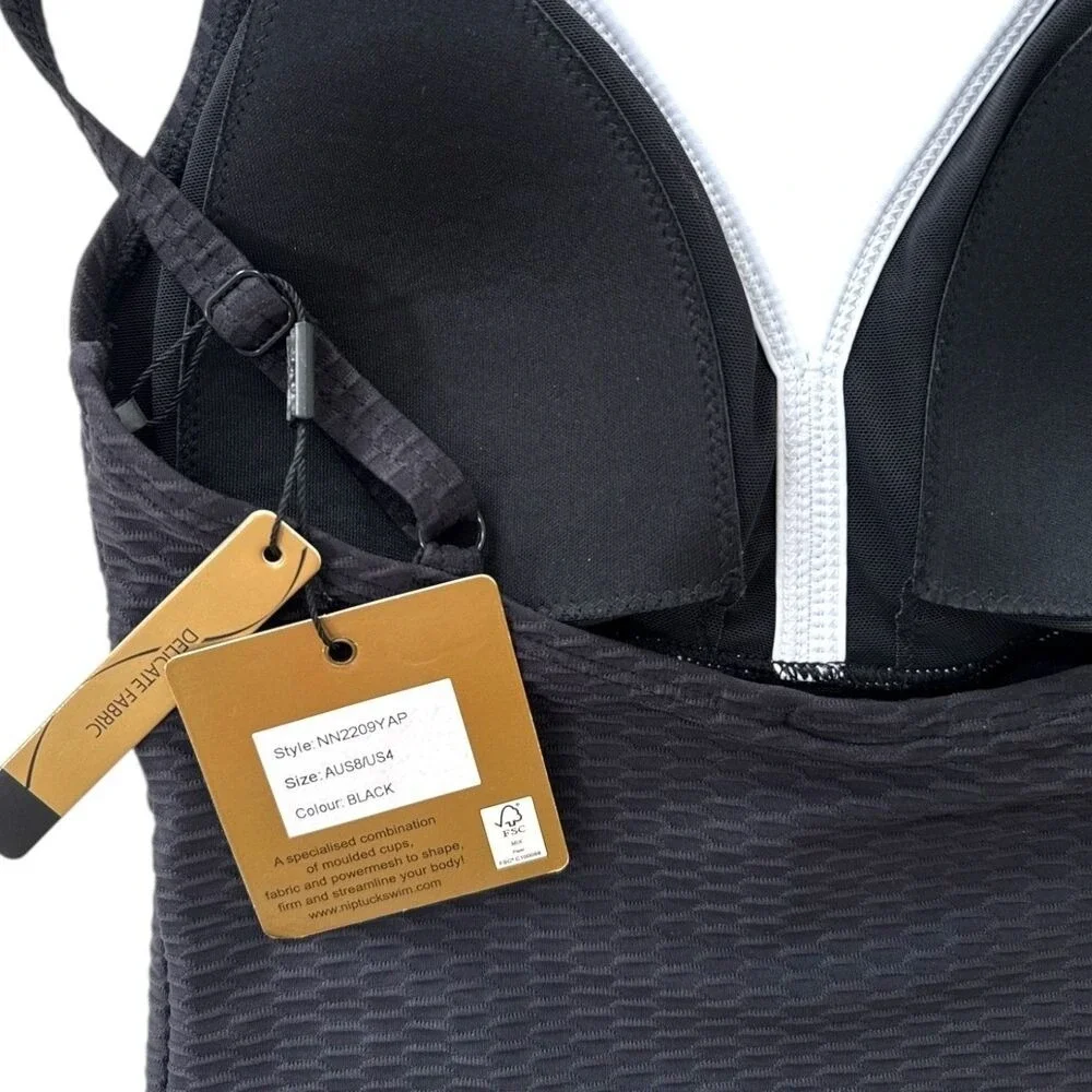 Audrey Omega Texture 2pc Shaping Tankini Black Wm Sz 4 Sewn-in-place molded cups